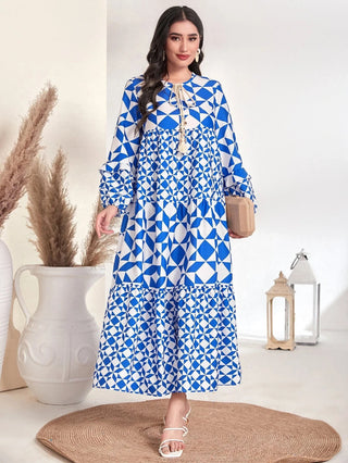 SHEIN Mulvari Geo Print Lantern Sleeve Knot Front Dress - Blue / White Large