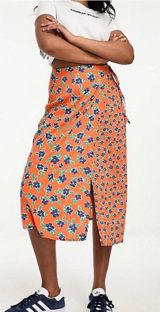 Wednesday's Girl Floral Print Wrap Detail Skirt - Orange