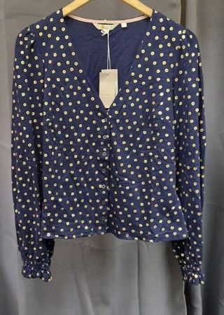 Boden Button Front V-Neck Top - Navy - 12