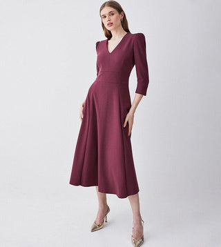 Karen Millen Structured Crepe Full Skirted Midi Dress Merlot 10