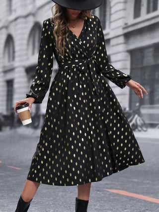 SHEIN Frenchy Gold Dot Print Lantern Sleeve Belted Dress - Black XL