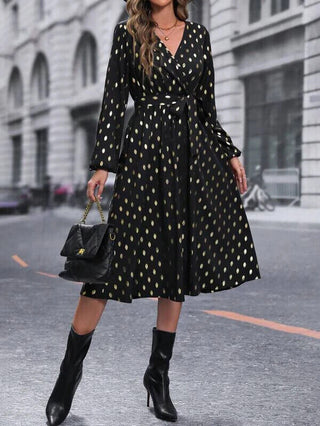 SHEIN Frenchy Gold Dot Print Lantern Sleeve Belted Dress - Black XL