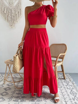 SHEIN VCAY One Shoulder Puff Sleeve Crop Top & Split Thigh Skirt - Red Medium