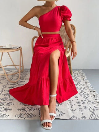 SHEIN VCAY One Shoulder Puff Sleeve Crop Top & Split Thigh Skirt - Red Medium