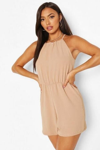 BOOHOO BASIC HIGH NECK FLIPPY PLAYSUIT NUDE 12