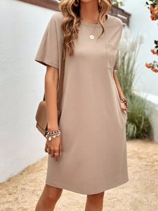 SHEIN LUNE Batwing Sleeve Pocket Patched Tee Dress - Beige Medium