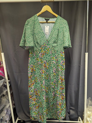 New Look midi dress square neck ruched front green floral size 16 uk free post