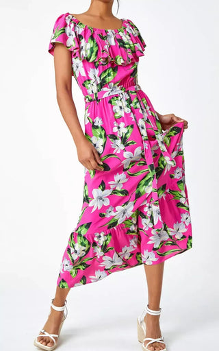 Roman Fuchsia Tropical Bardot Stretch Midi Dress - 14s