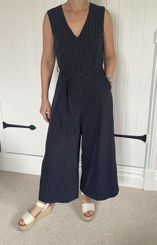 Hush Flattering Flared Navy Pinstripe, belted, Jumpsuit Size 12