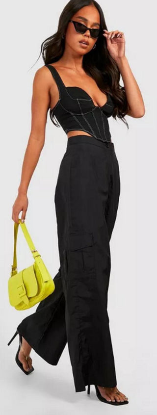 PETITE RELAXED WIDE LEG SHELL CARGO TROUSER - BLACK - SIZE 8