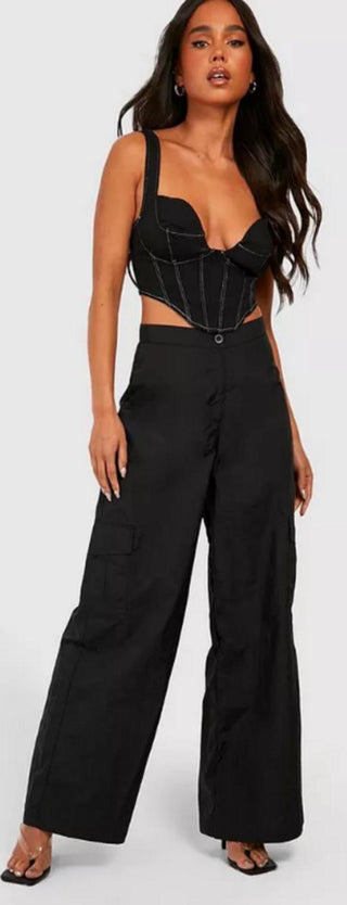 PETITE RELAXED WIDE LEG SHELL CARGO TROUSER - BLACK - SIZE 8