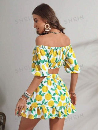 SHEIN WYWH Lemon Print Off Shoulder Crop Top & Ruffle Hem Skirt Medium