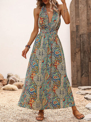 SHEIN VCAY Paisley Print Shirred Detail Ruffle Hem Dress Boho Dress