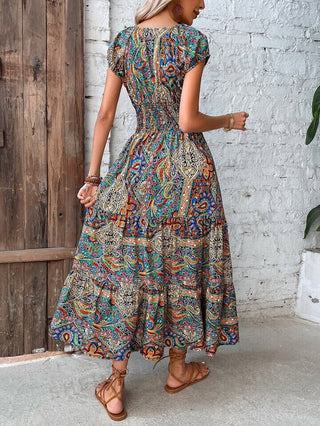 SHEIN VCAY Paisley Print Shirred Detail Ruffle Hem Dress Boho Dress