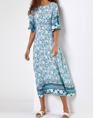 Roman Light Blue Floral Border Print Midi Dress - 16