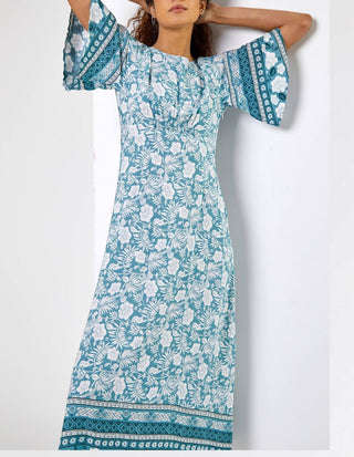 Roman Light Blue Floral Border Print Midi Dress - 16