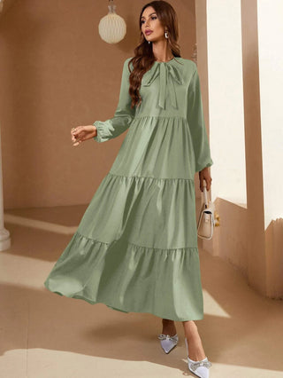 SHEIN Mulvari Tie Neck Lantern Sleeve Ruffle Hem Dress  - Green L