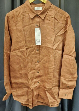 UNIQLO Women Premium Linen Long Sleeve Shirt - Brown - XL