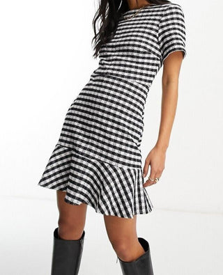 ASOS DESIGN short sleeve mini dress with pep hem in jacquard gingham - UK 8