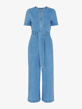 Whistles short sleeve jumpsuit with tie waist - blue denim uk16