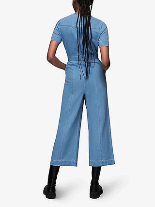 Whistles short sleeve jumpsuit with tie waist - blue denim uk16