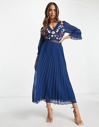 ASOS DESIGN lace insert pleated midi dress with embroidery in navy. Size 10