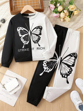 SHEIN Tween Girl Two Tone Butterfly Print Sweatshirt & Sweatpants - S