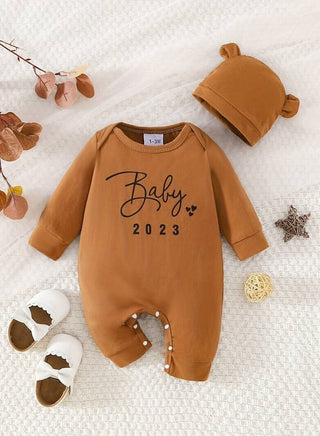 2pcs Newborn Infant Romper "Baby 2023" Print Long Sleeve Crew Neck Jumpsuit