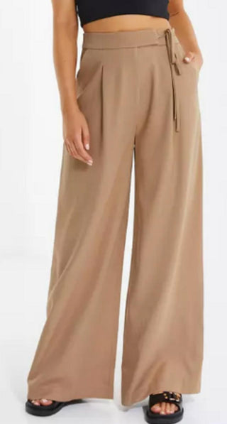 QUIZ High Waisted Wide Leg Trousers - Camel - Size UK 12