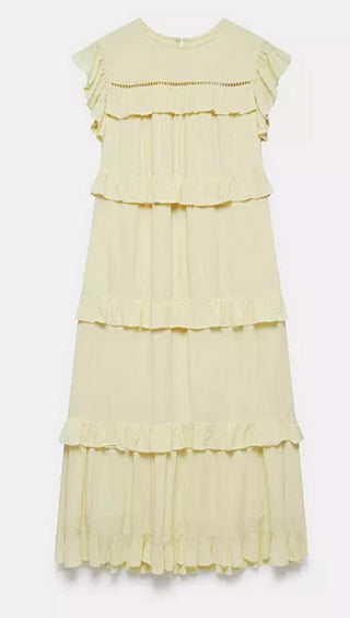 Mint Velvet Ruffle Tiered Midi Dress Yellow - Medium