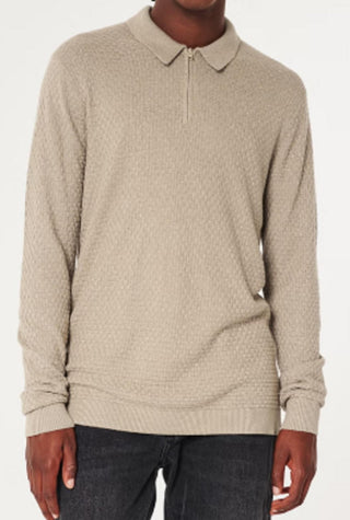 Hollister Textured Long-Sleeve Sweater Polo - Dark Heather Tan - XLarge